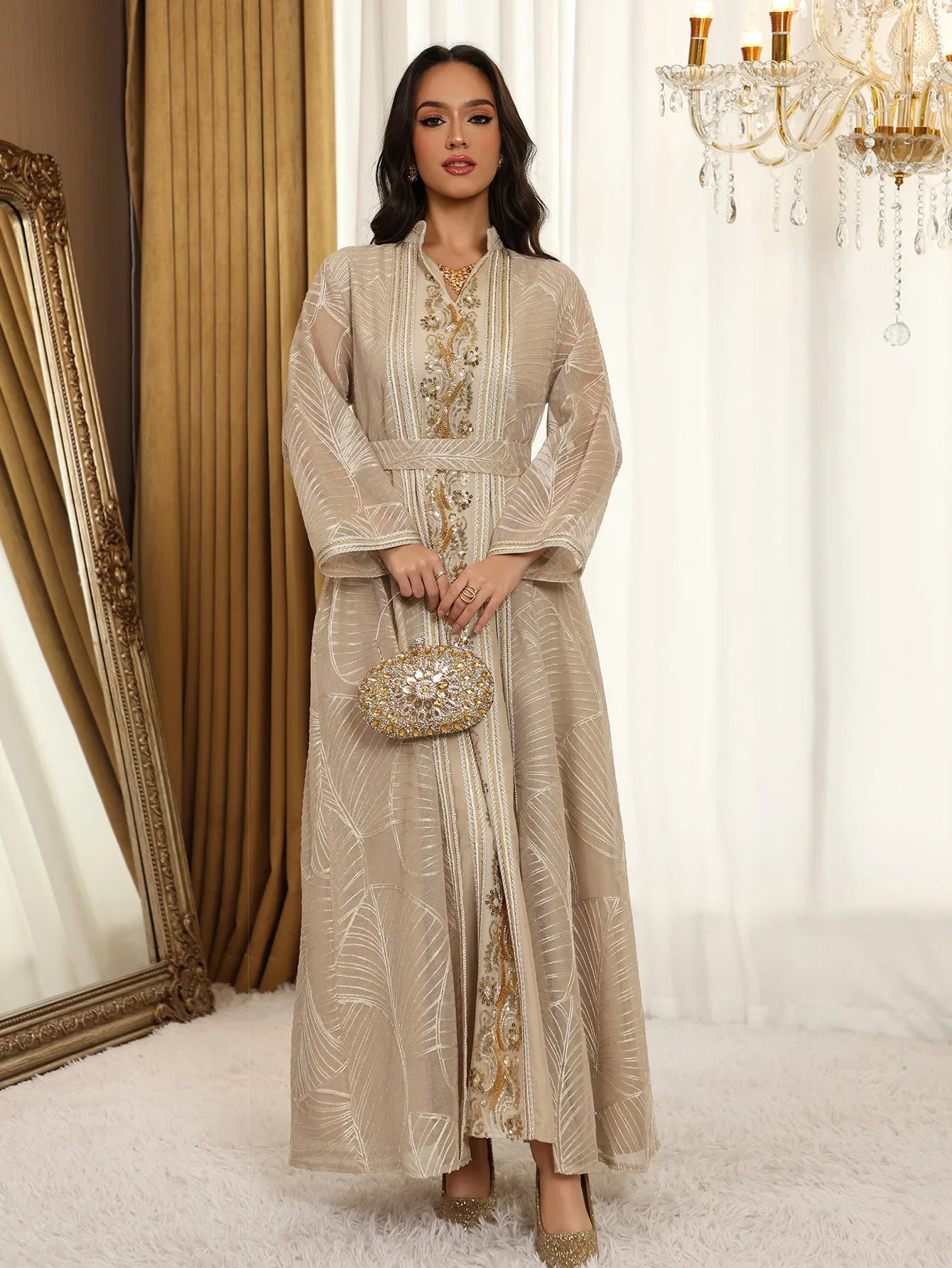 Women Mesh Sequins Dress Elegant Abaya  Eid Party Gorgeous Embroidery Dresses Lace-up Muslim Jalabiya  Vestidos Largos Robe 2025