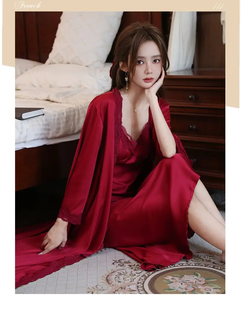 Sexy Ladies Silk Homewear French Pajamas Women's Spring And Fall Senior Ice Silk Extra-long Nightgown Wedding Bride Robe