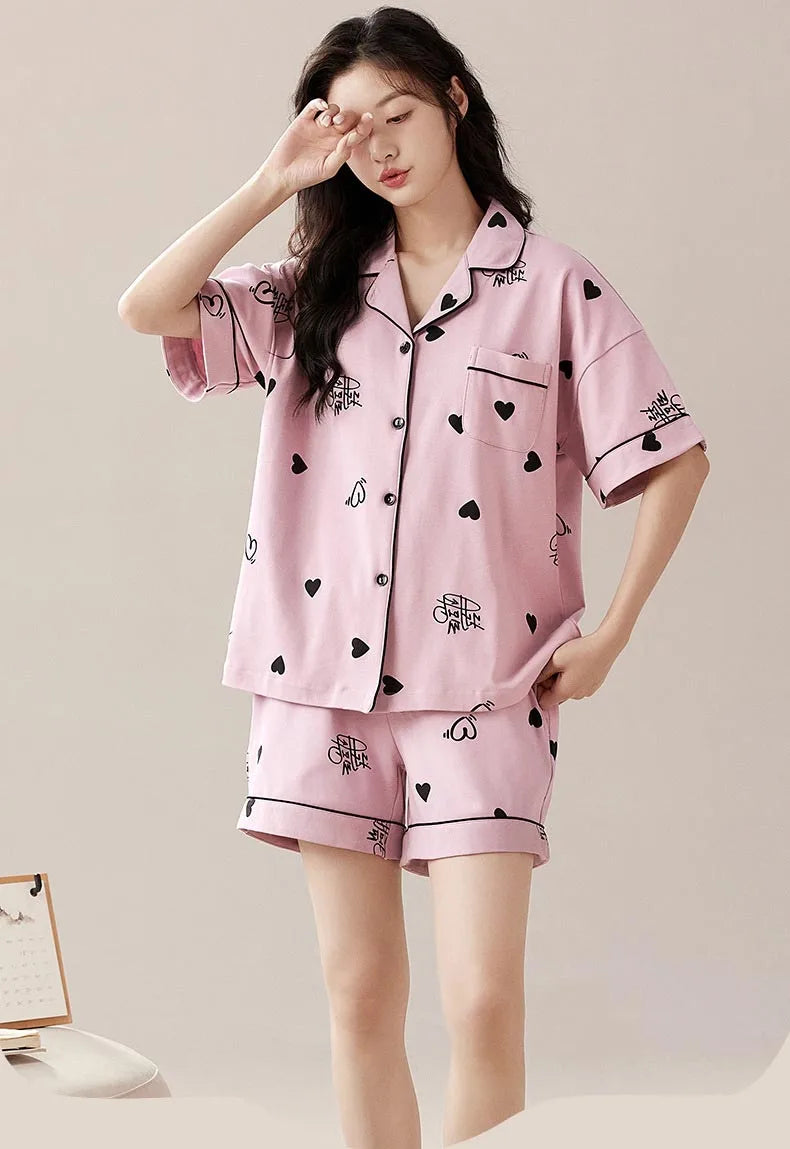 Dropshipping Female Pijamas Cartoon Summer Short Women Pajamas Sleeve Shorts Nightwear Sweet Sleepwear Pyjamas Woman Home Suit