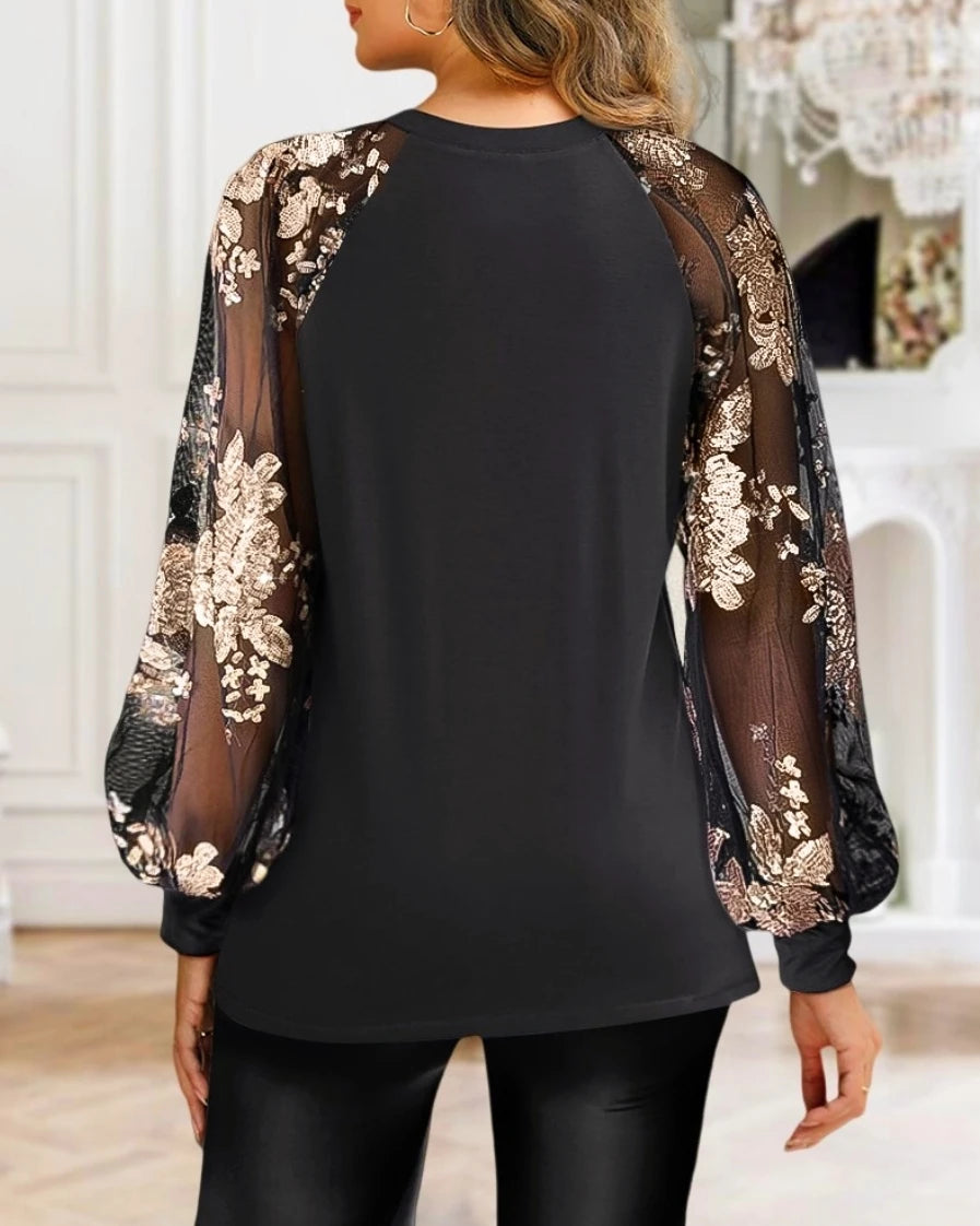Women's Fashionable Long Sleeve Tops Lace Ruched T-Shirt Waffle Knit Tops Solid Round Neck Blouses Casual Top