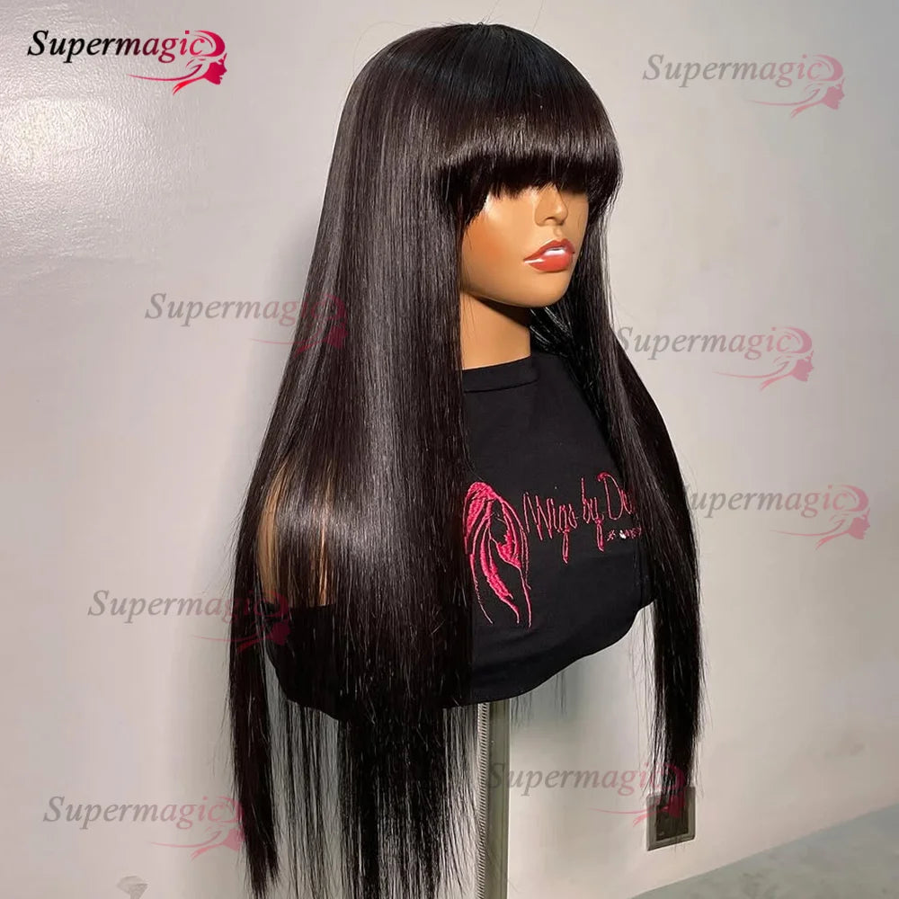 Raw Indian Bone Straight Human Hair With Bangs 4x4 Lace Middle Part Wigs For Black Women Brazilian 30 32 Inch Cheap Glueless Wig