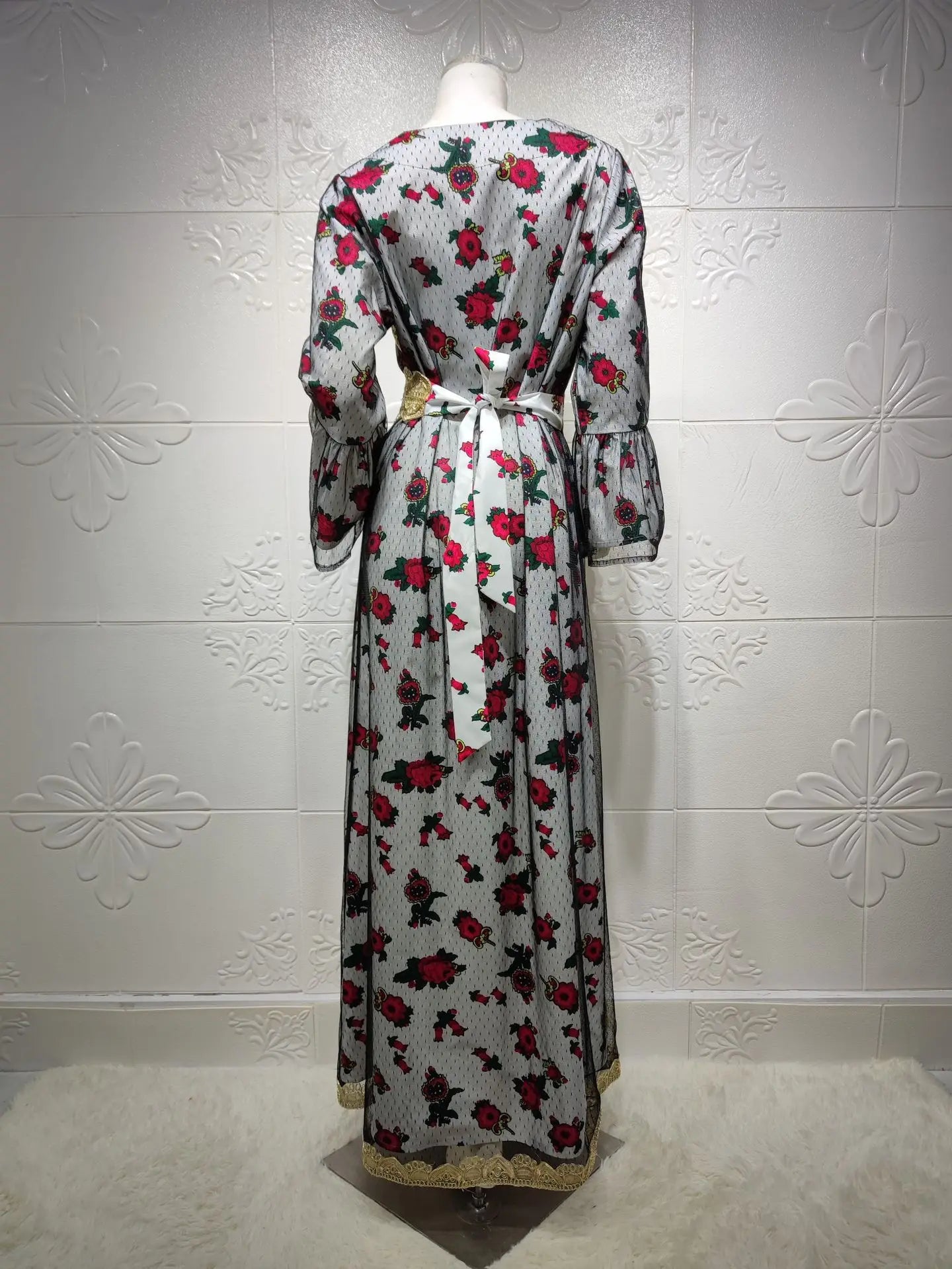 Luxury Middle East Abayas for Women Dubai Dress Lace Applique Mesh Printing Long Sleeves Elegant Evening Party Muslim Clothes