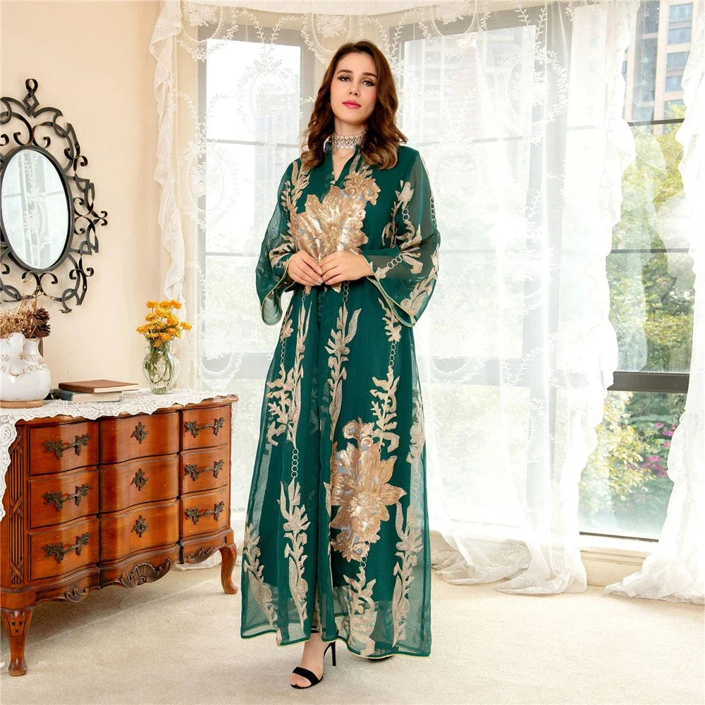 Muslim Abaya Dress Dubai Ramadan Sequins Floral Embroidered Moroccan Caftan Women Evening Gown Eid Djellaba Jalabiya Vestidos