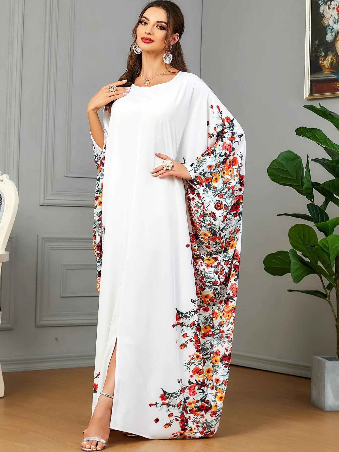 Eid Muslim Party Dress for Women Ramadan Abaya Bat Sleeve Print Long Robe Morocco Kaftan Vestidos Largos Dubai Jalabiya 2024