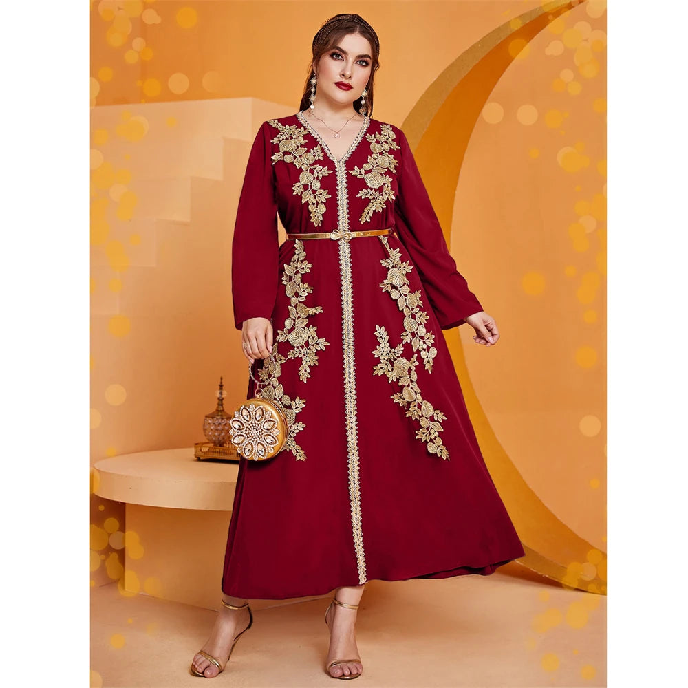 Women Fashion Muslim Embroidery Maxi Dress Belted Kaftan Marocain Abaya Dubai Gown Turkey Femme Caftan Ramadan Eid Jalabiya Robe