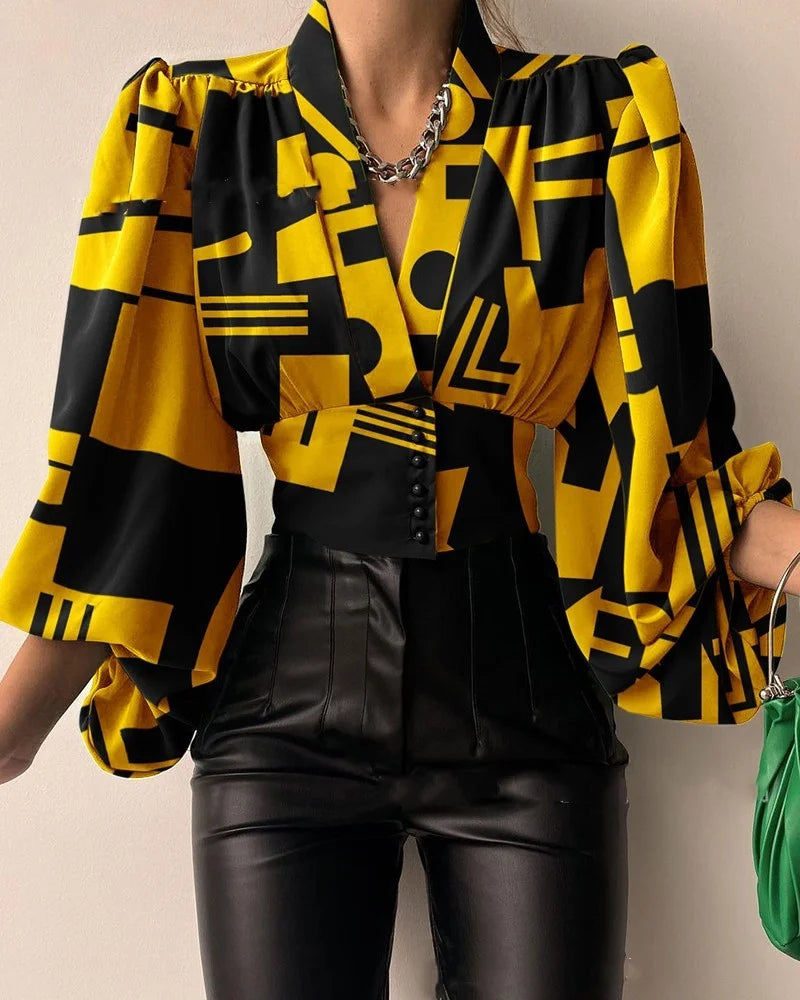 2022 New Spring Elegant Lantern Long Sleeve Shirts V-neck Button Solid Color Print Slim Shirt Casual Fashion Lady Office Blouses