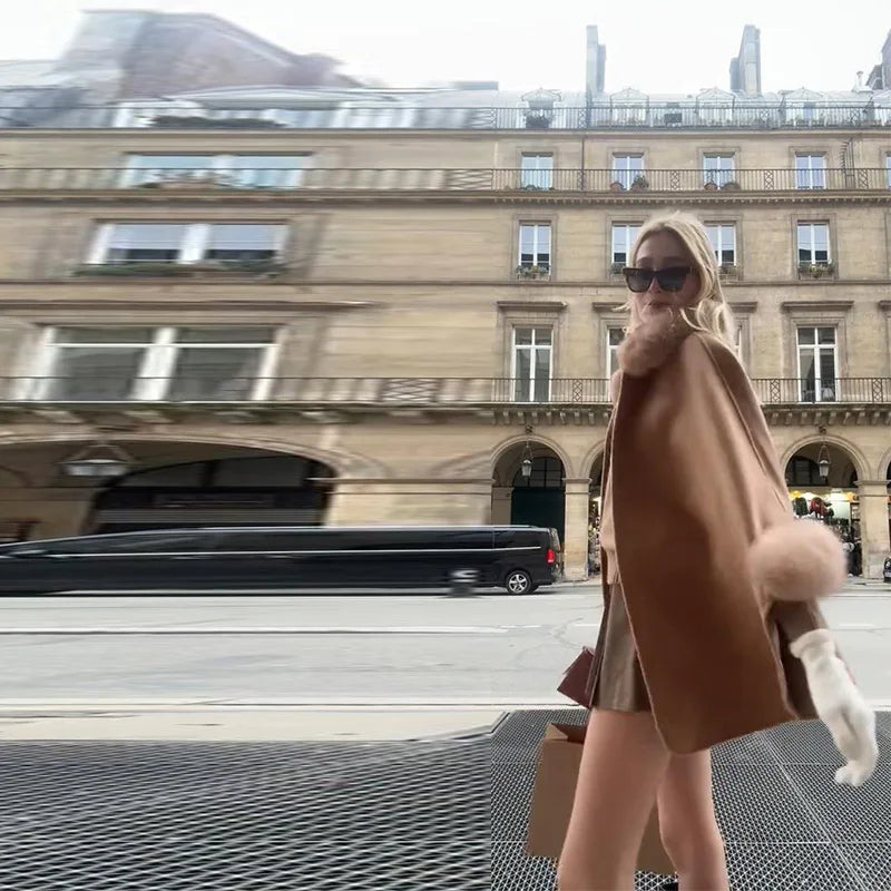 Elegant Fur Patchwork Shawl Coat Women Khaki Woolen Long Sleeve Lapel Open Stitch Loose Coats 2025 Fashion Autumn Winter Outwear