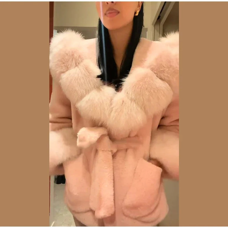Elegant Hoody Faux Fur Women's Coat Loose Long Sleeve Pocket Warm Thicken Lady Coats 2025 Autumn Winter Chic Lady Streetwear
