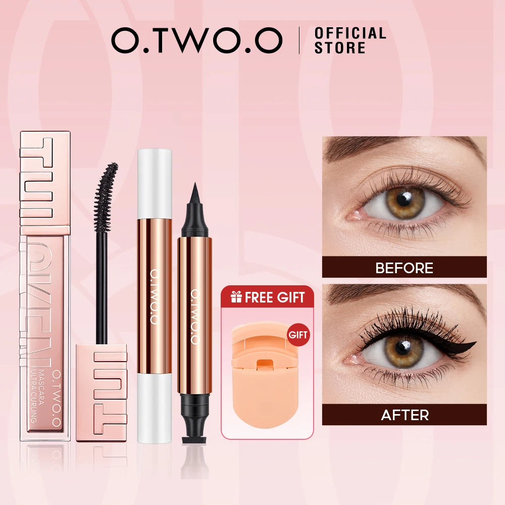 O.TWO.O Eyeliner Stamp 5D Mascara Black Liquid Eyeliner Waterproof Fast Dry Smudge-Proof Volumizing Long-Wearing Eye Makeup Set