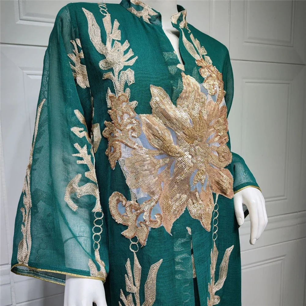 Muslim Abaya Dress Dubai Ramadan Sequins Floral Embroidered Moroccan Caftan Women Evening Gown Eid Djellaba Jalabiya Vestidos
