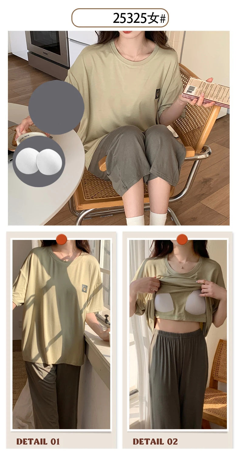 Female Loungewear Pijama Mujer Homewear Summer Nightwear Elegant Women's Pajama Sets Women With Breast Pad Femme Sleepwear