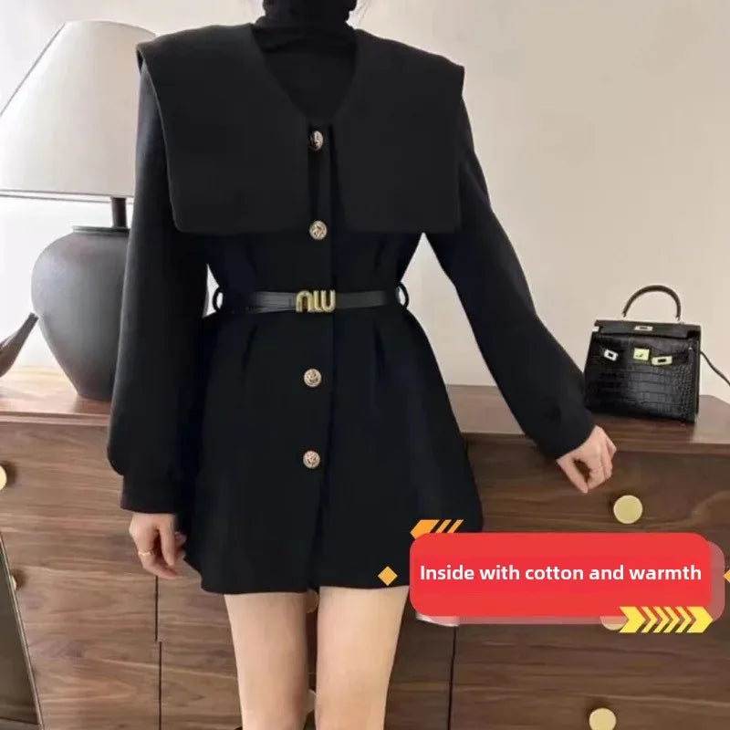 2024 Early Spring New Slimming Fashion Women's Petite Medium-Length Jacket Elegant Navy Neck Slim Fit Wool Blend Coat