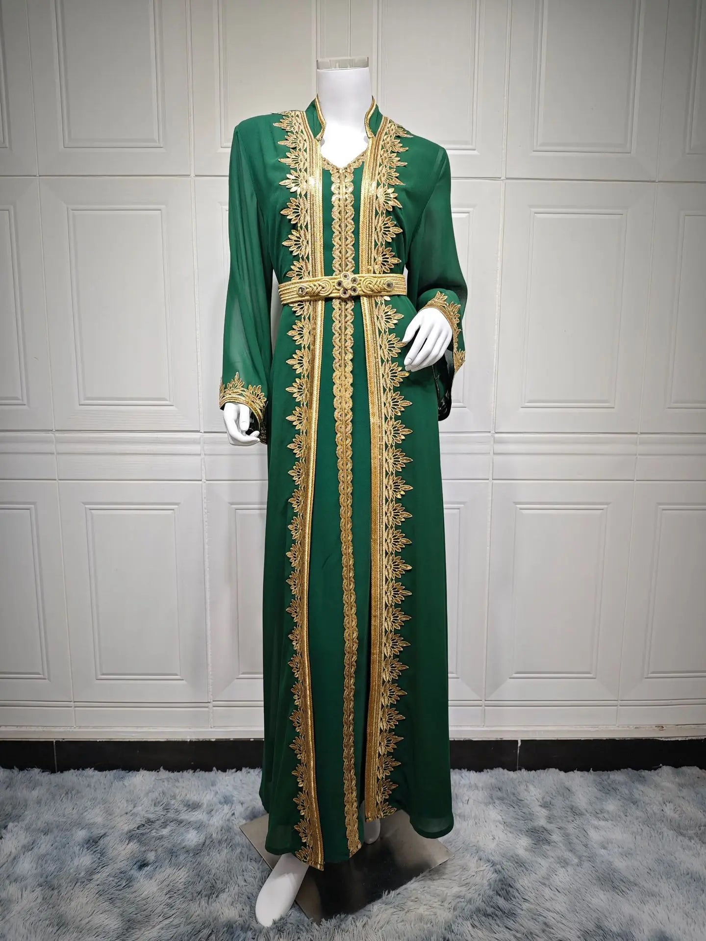 Dress Suit Women Eid Muslim Abaya Party Dresses 2 Piece Sets Embroidery Sashes Ramadan Dubai Kaftan Vestidos Jalabiya Long Robe
