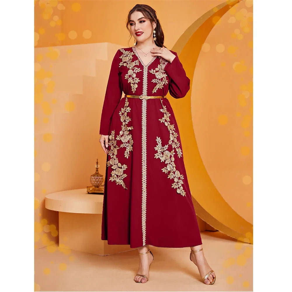 Women Fashion Muslim Embroidery Maxi Dress Belted Kaftan Marocain Abaya Dubai Gown Turkey Femme Caftan Ramadan Eid Jalabiya Robe