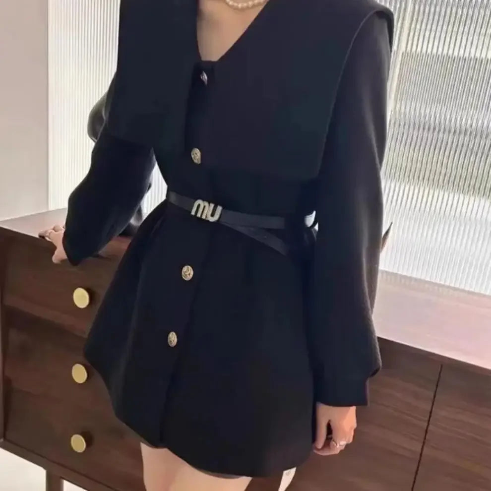 2024 Early Spring New Slimming Fashion Women's Petite Medium-Length Jacket Elegant Navy Neck Slim Fit Wool Blend Coat