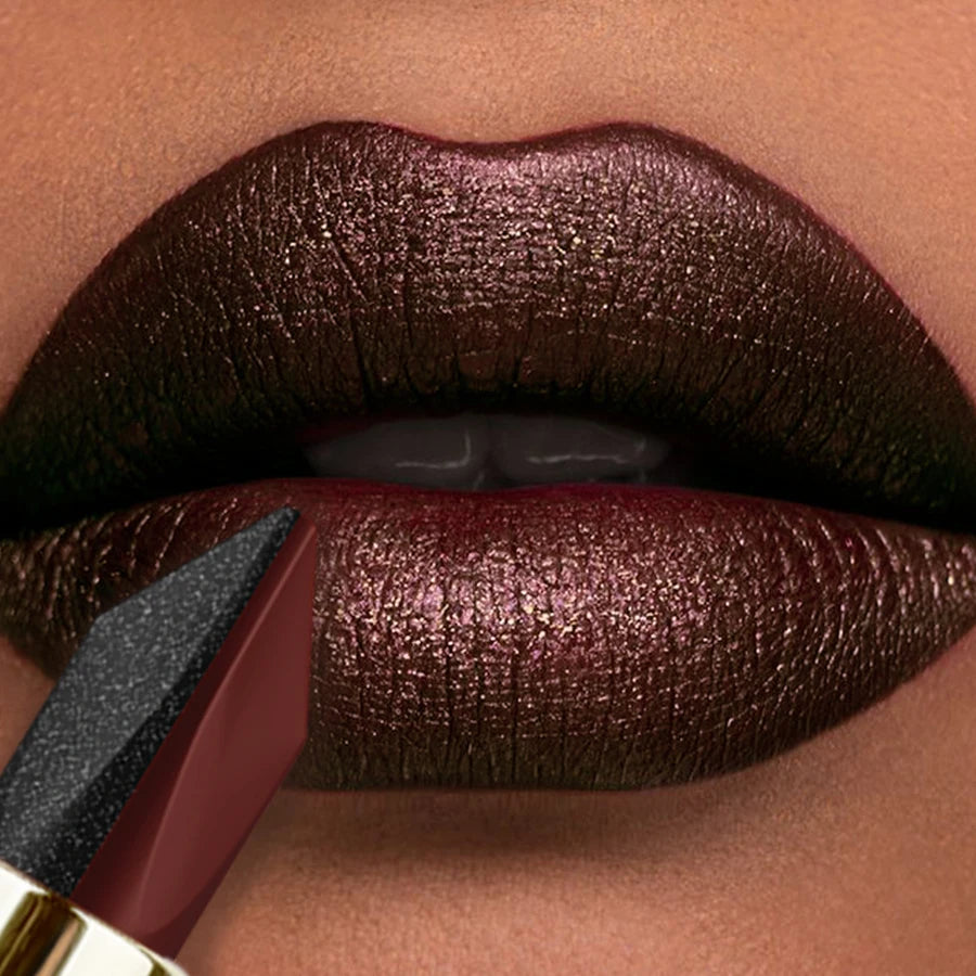 1PC Glitter Waterproof Two-tone Lipstick Matte Non-stick Pearlescent Diamond Lip Tint Red Black Brown Lips Makeup for Women Cosm
