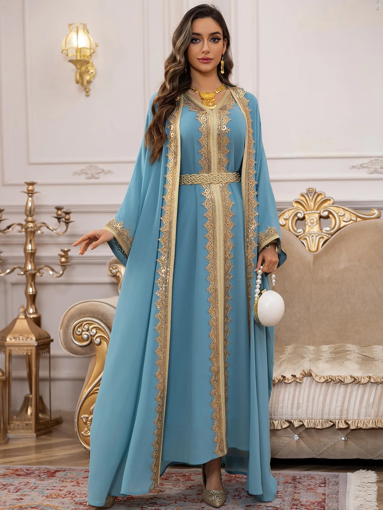 2PCS Muslim Women Dress Dubai Abaya Kaftan Turkey Embroidery Jalabiya African Party Gown Arab Robe Islam Clothing Kebaya Caftan