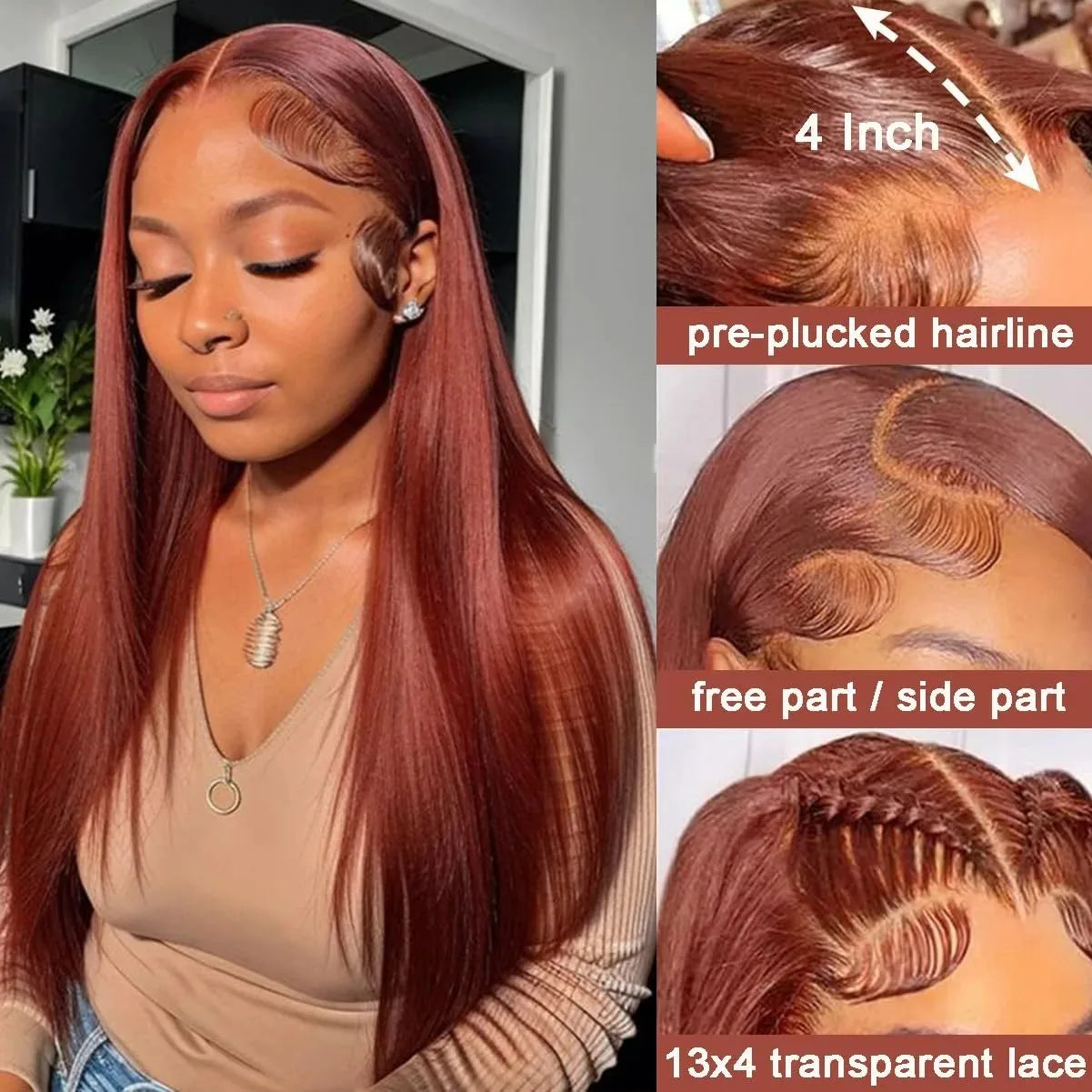 Reddish Brown HD 13x4 Lace Frontal Wigs Glueless Colored Human Hair Wigs Vietnamese Double Drown Bone Straight Lace Front Wig