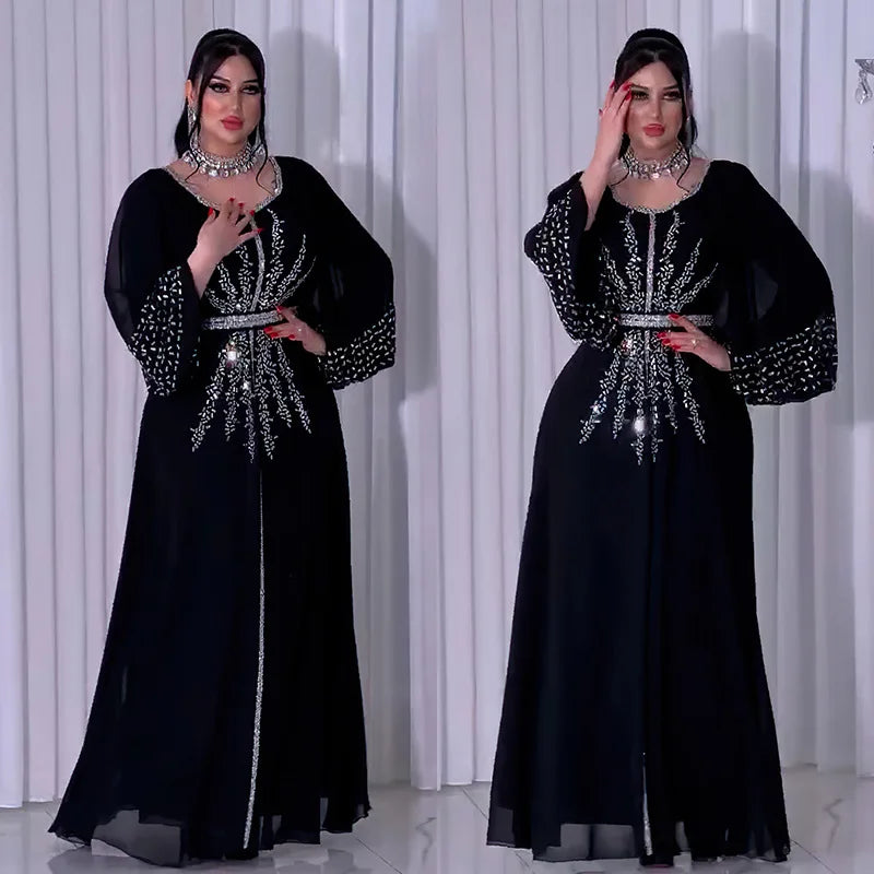 New 2025 Chiffon Diamonds Abayas for Women Luxury Dubai Abaya Turkey Kaftan Muslim Dress Djellaba Jalabiya Caftan Marocain Femme
