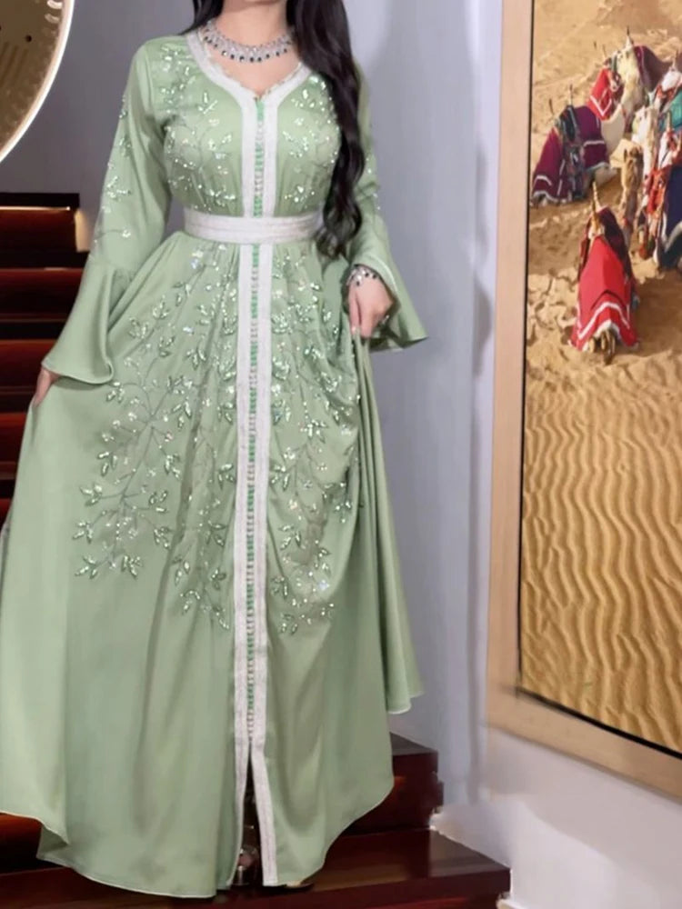 India Turkey Muslim Abaya Ramadan Eid Women Elegant Diamond Wedding Evening Party Dress Belted Jalabiya Gown Morocco Caftan Robe