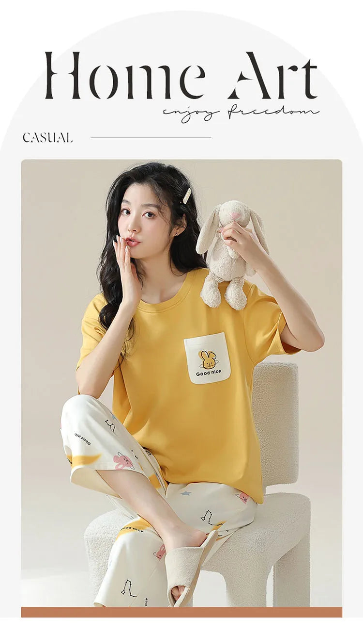 New Summer Pajamas Homewear Suit Women's Short-Sleeved Long Pants Ladies Large Size Loose Leisure Homewear Two-Piece Set