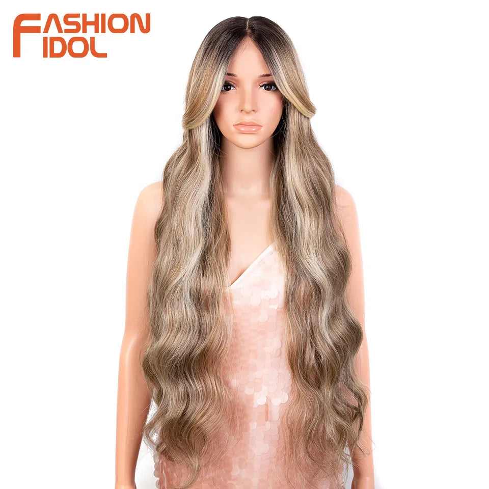 FASHION IDOL 34 Inch Lace Front Wigs Synthetic Ombre Blonde Brown Colorful Wigs For Women Heat Resistant Fiber Cosplay Wigs