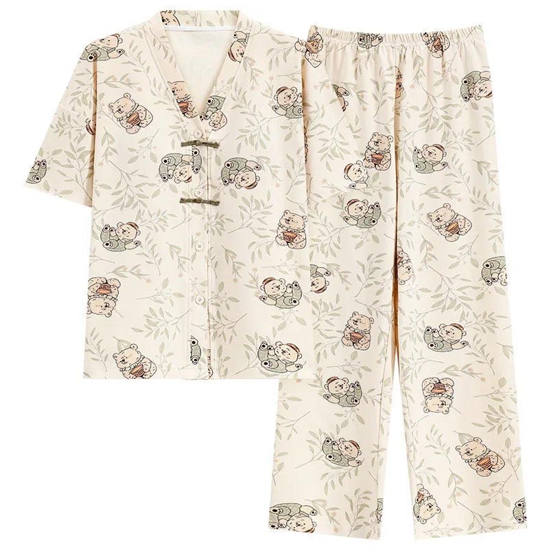 Summer Thin Short-sleeved Cotton Women's Pajama Set Nightwear Long Pants Womens Pajama Sets Sleepwear Lounge Home Fashion