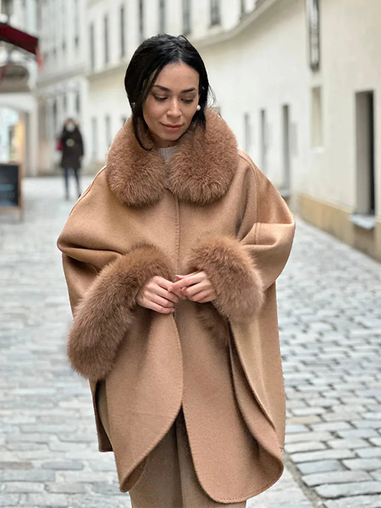 Elegant Fur Patchwork Shawl Coat Women Khaki Woolen Long Sleeve Lapel Open Stitch Loose Coats 2025 Fashion Autumn Winter Outwear