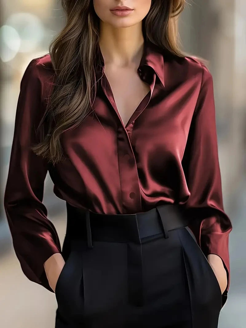 Elegant  Satin Long Sleeve Blouse for Women   Button-Up Collar Shirt Perfect for Casual or Professional Wear