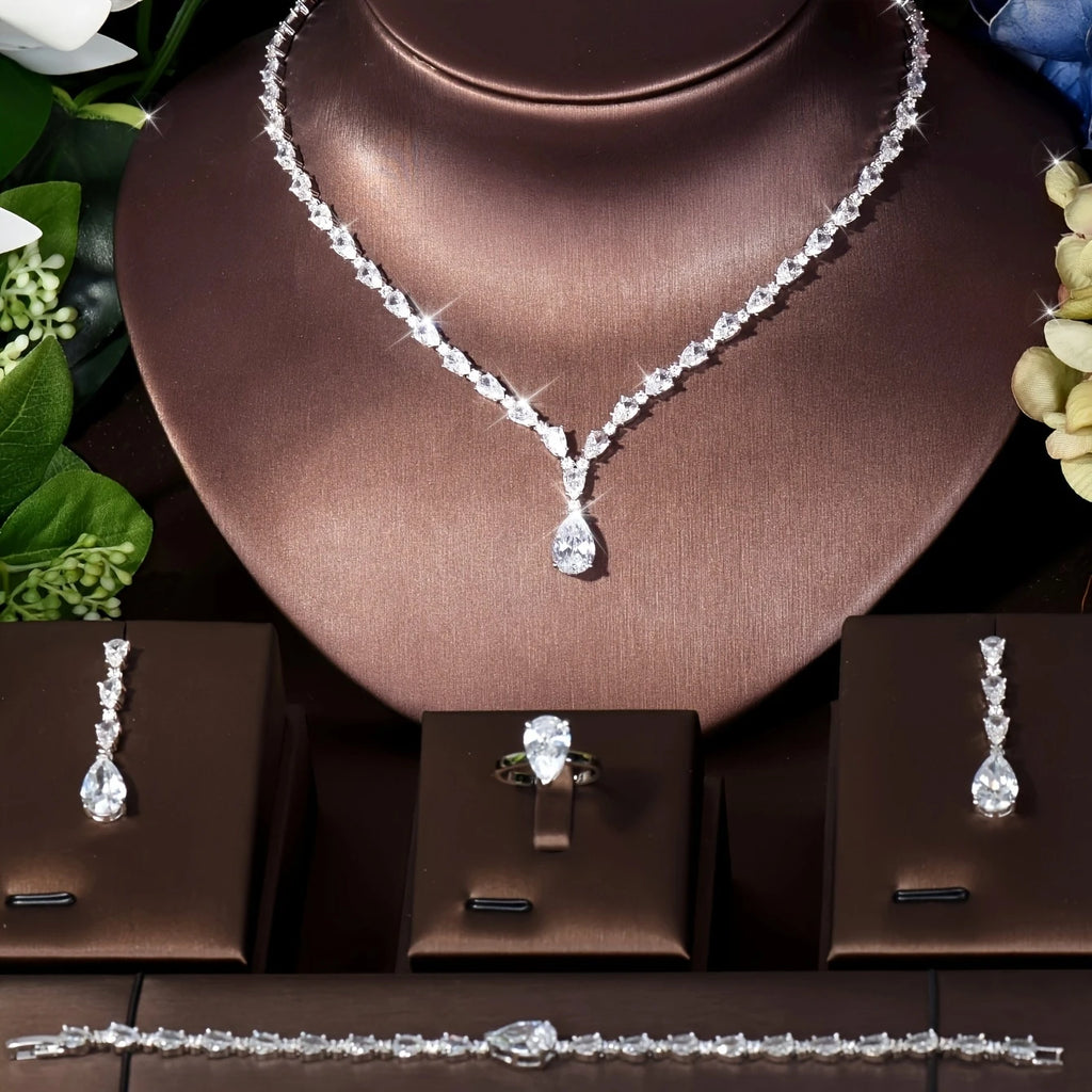 Simple CZ Ladies Jewelry Sets Water Drop Cubic Zirconia Crystal Tassel Earrings and Necklace Set for Women Gifts S-341