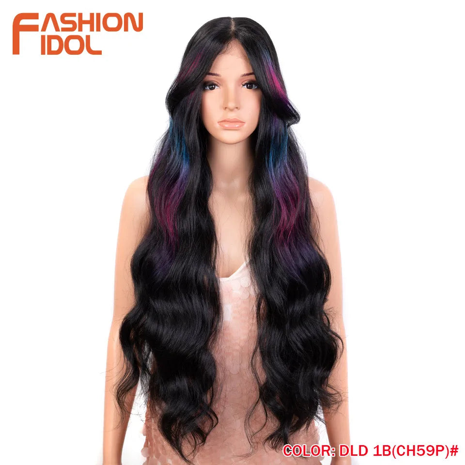 FASHION IDOL 34 Inch Lace Front Wigs Synthetic Ombre Blonde Brown Colorful Wigs For Women Heat Resistant Fiber Cosplay Wigs