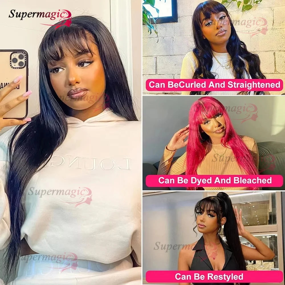 Raw Indian Bone Straight Human Hair With Bangs 4x4 Lace Middle Part Wigs For Black Women Brazilian 30 32 Inch Cheap Glueless Wig