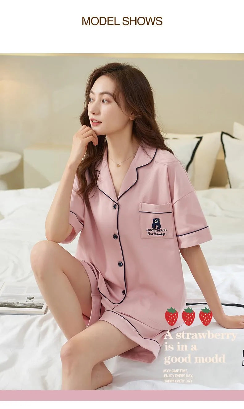 Dropshipping Female Pijamas Cartoon Summer Short Women Pajamas Sleeve Shorts Nightwear Sweet Sleepwear Pyjamas Woman Home Suit