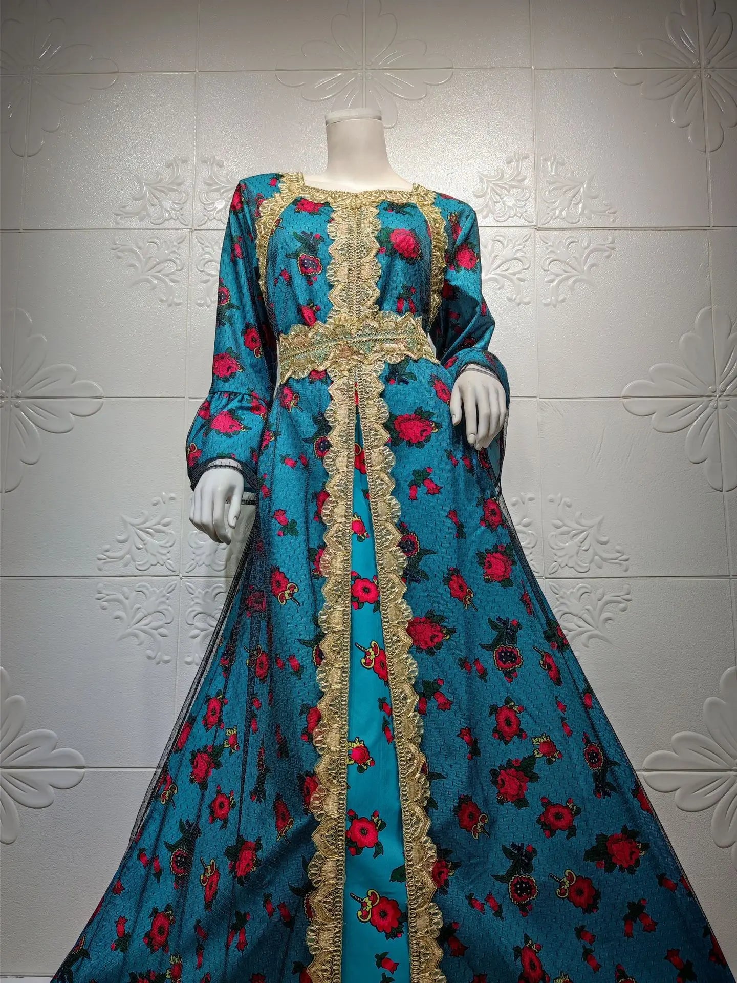 Luxury Middle East Abayas for Women Dubai Dress Lace Applique Mesh Printing Long Sleeves Elegant Evening Party Muslim Clothes