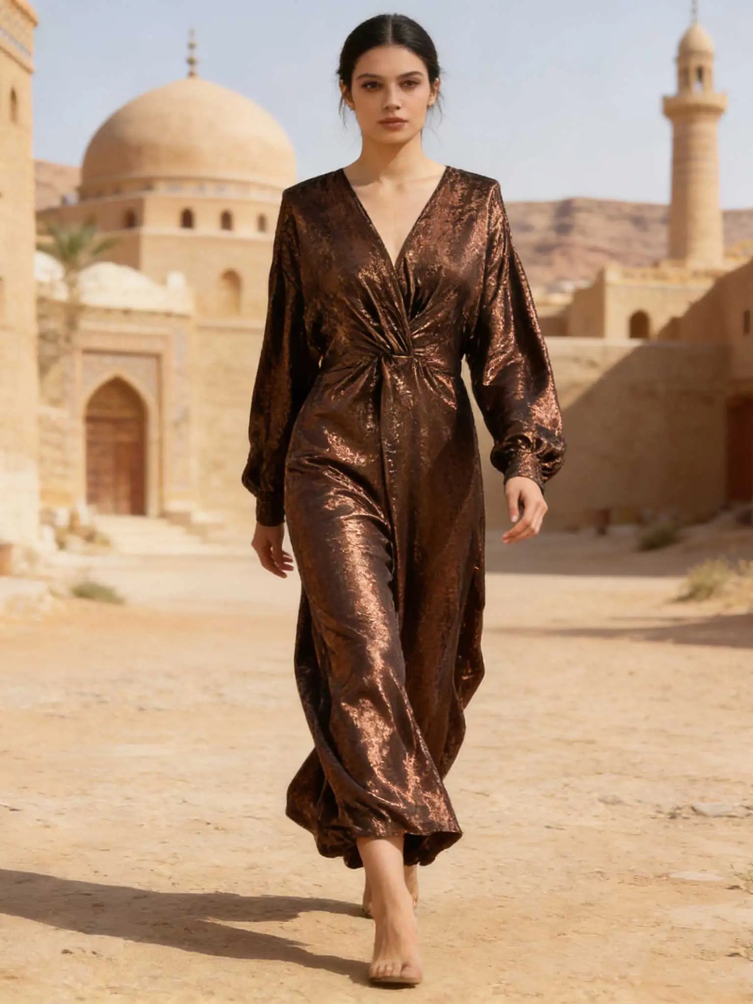 Elegant Golden Shiny Fabric V-Neck Twist Detail Batwing Sleeve Abaya Maxi Dress Women Muslim Moroccan Kaftan Ramadan Jalabiya