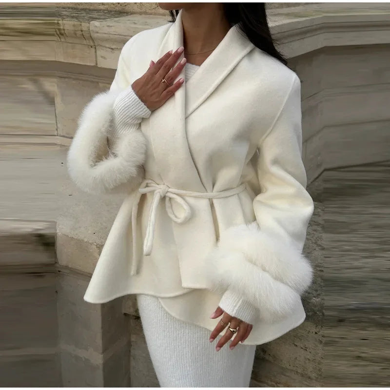 Elegant Fur Shawl Women's Coat Long Sleeve Patchwork Woolen Lace Up V-neck Solid Female Coats 2025 Autumn Winter Lady Jackets
