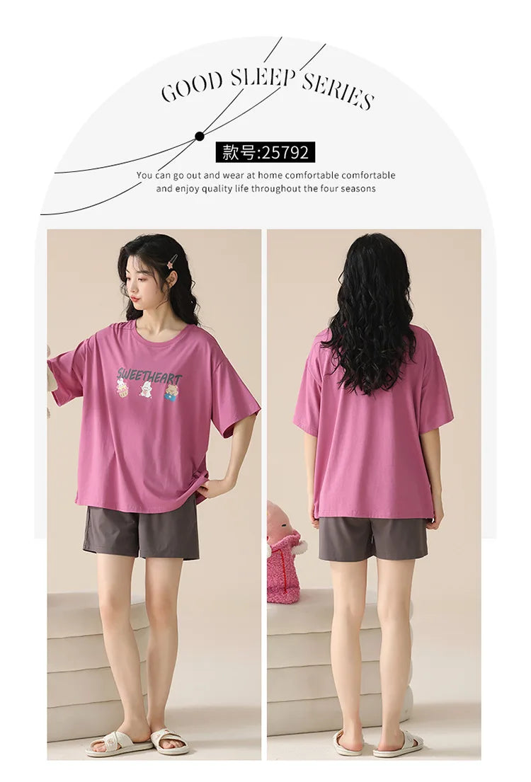 Female Summer Pijamas Short Women Cotton Pajamas Sleeve Shorts Nightwear Sweet Sleepwear Cartoon Pyjamas Woman Home Suit