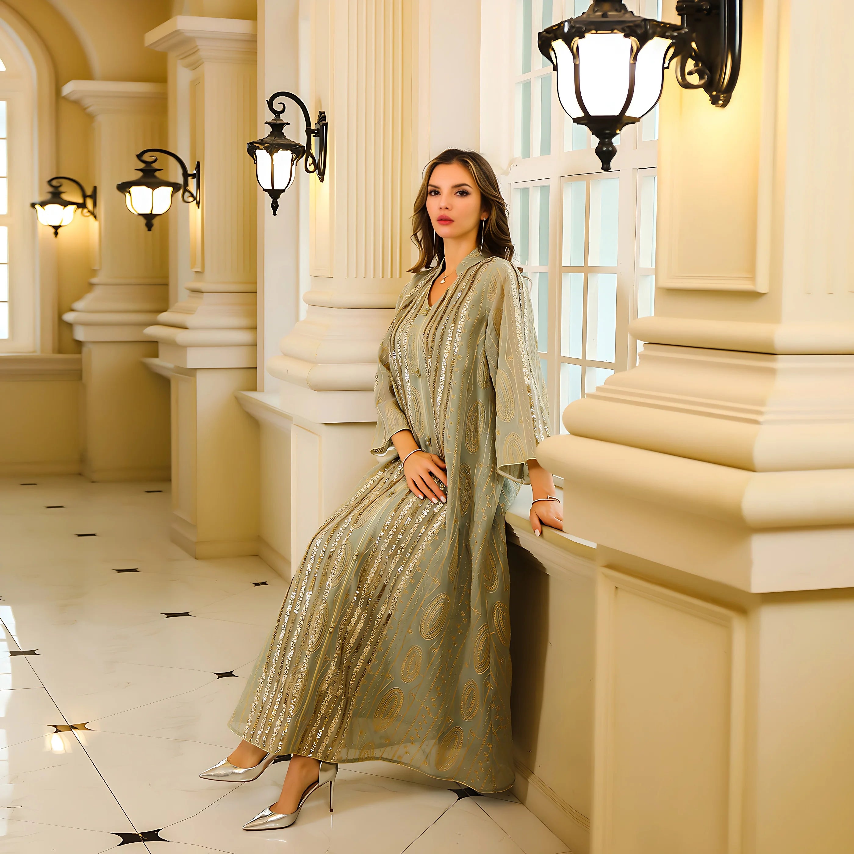 Fashion Muslim Jalabiya Abaya for Women Elegant Long Sleeve Dress Dubai Turkey Loose Sequin Dress Moroccan Islamic Party Clothes