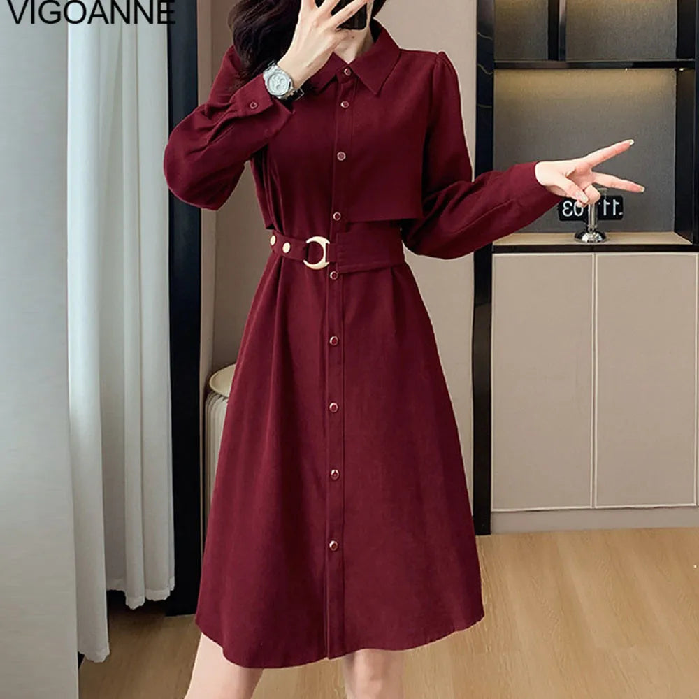 VigoAnne 2025 Woman Solid Long Sleeve Dress Spring Autumn Single Breasted Korean Casual Dresses Lady Evening Party Tight Dress