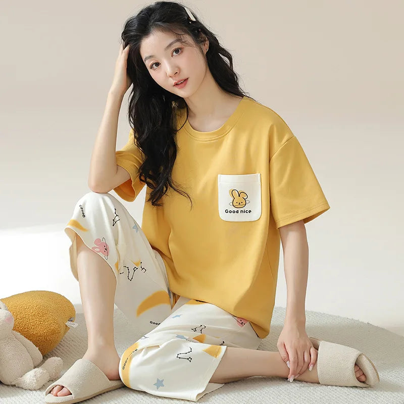 New Summer Pajamas Homewear Suit Women's Short-Sleeved Long Pants Ladies Large Size Loose Leisure Homewear Two-Piece Set