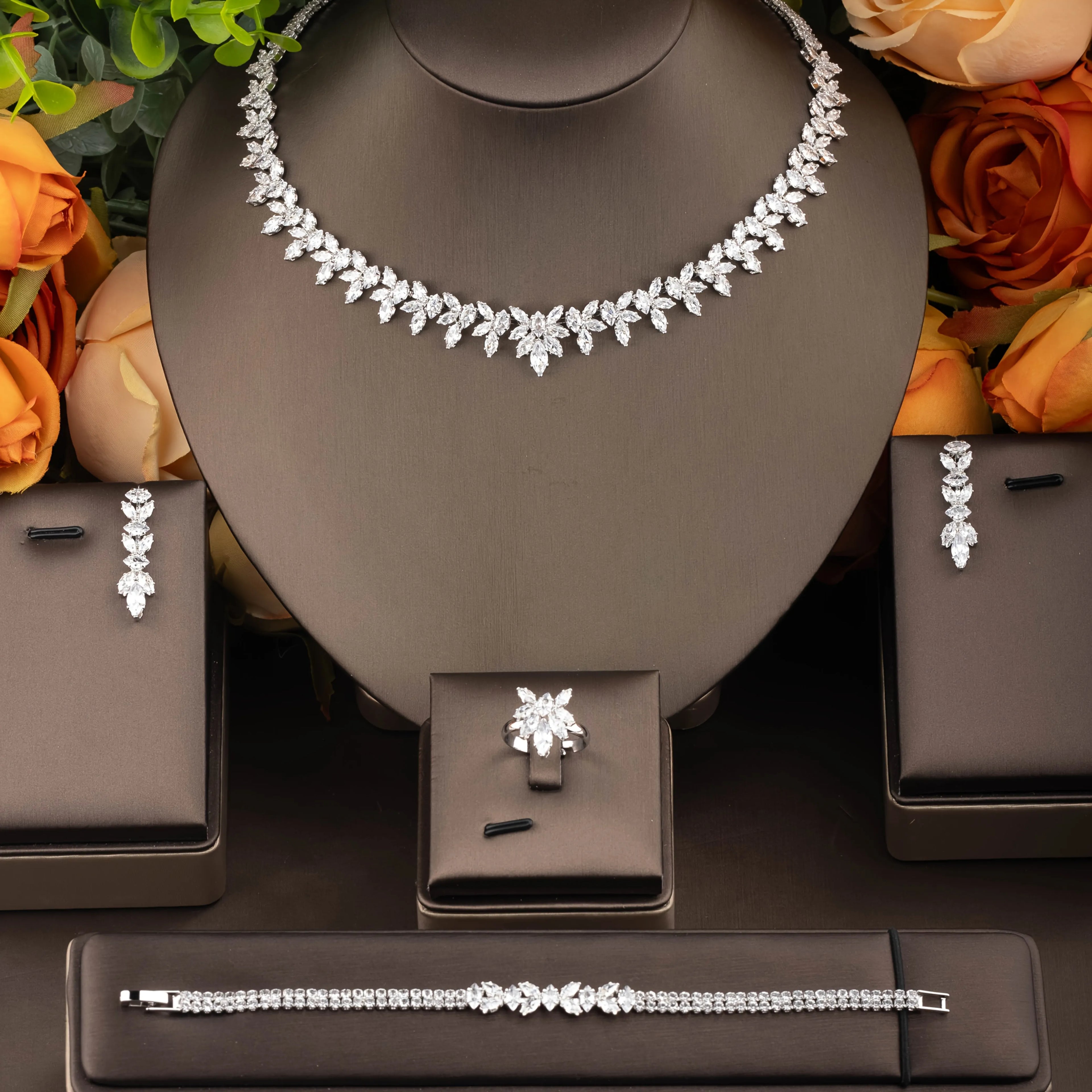 Fashion Cubic Zircon Leaf Pendant Necklace and Earrings Set 4PCS Bridal Wedding Jewelry Set for Women Gifts Bijoux  S-353