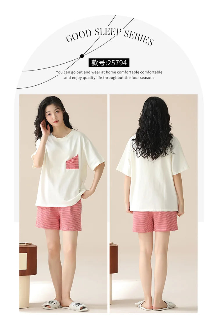 Female Summer Pijamas Short Women Cotton Pajamas Sleeve Shorts Nightwear Sweet Sleepwear Cartoon Pyjamas Woman Home Suit