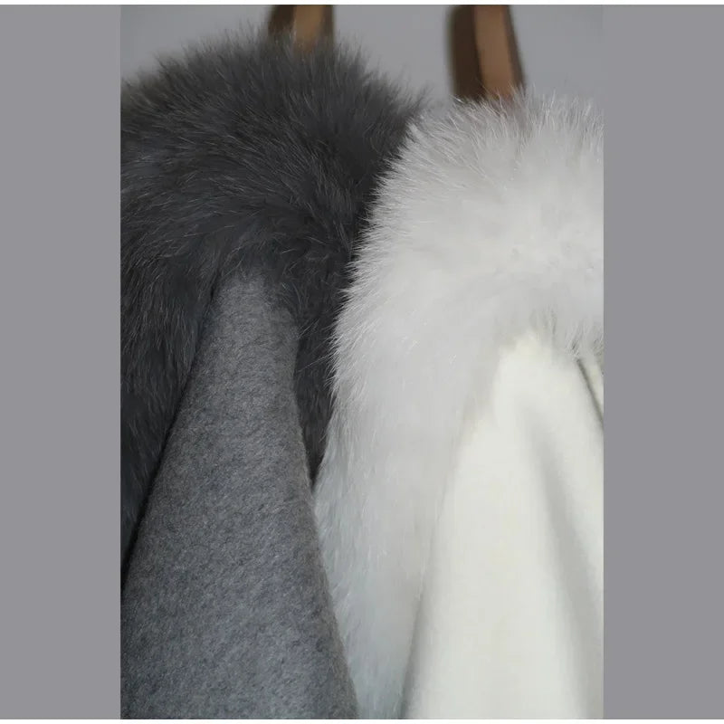 Elegant Fur Shawl Women's Coat Long Sleeve Patchwork Woolen Lace Up V-neck Solid Female Coats 2025 Autumn Winter Lady Jackets
