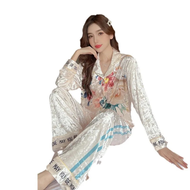 Women Pajama Sets Velvet Pajamas Women's Fall Long-sleeved Set of Women's Senior Fashion Cardigan Models Plus Size Homewear