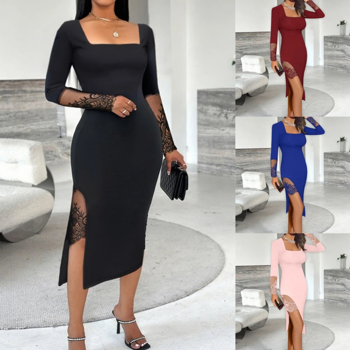 Sexy Lace Paneled Square Neck Slim-fit Slit Midi Dress