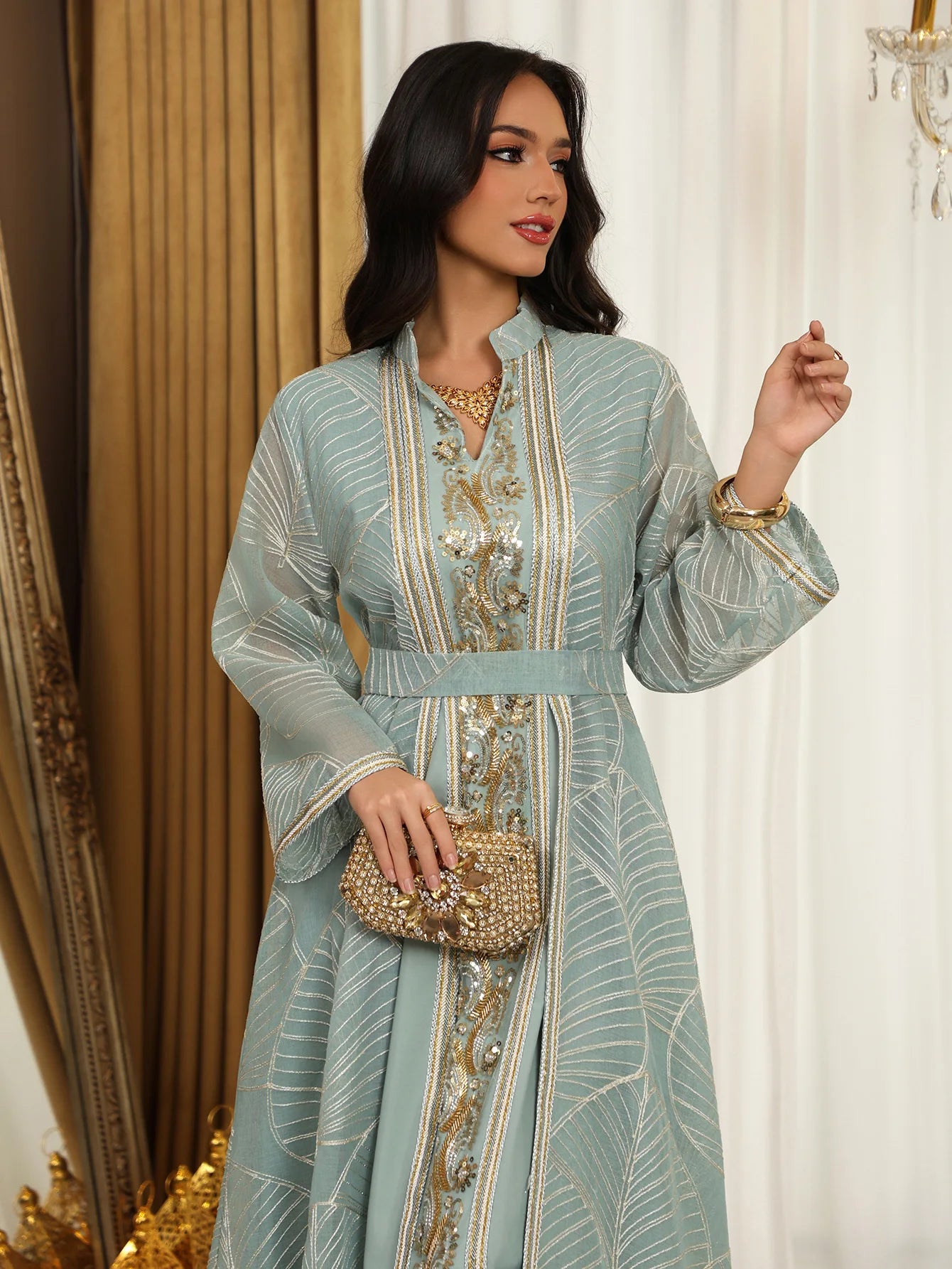 Women Mesh Sequins Dress Elegant Abaya  Eid Party Gorgeous Embroidery Dresses Lace-up Muslim Jalabiya  Vestidos Largos Robe 2025
