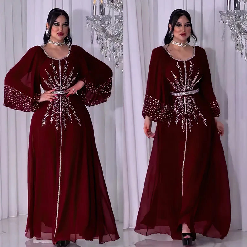 New 2025 Chiffon Diamonds Abayas for Women Luxury Dubai Abaya Turkey Kaftan Muslim Dress Djellaba Jalabiya Caftan Marocain Femme