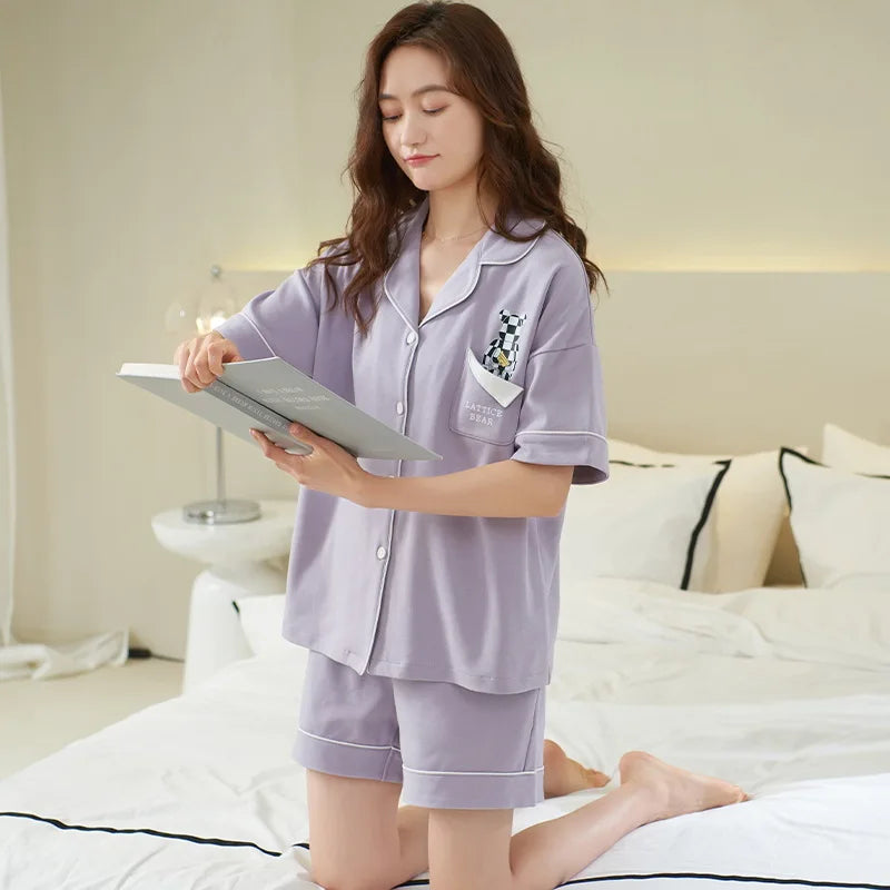 Dropshipping Female Pijamas Cartoon Summer Short Women Pajamas Sleeve Shorts Nightwear Sweet Sleepwear Pyjamas Woman Home Suit