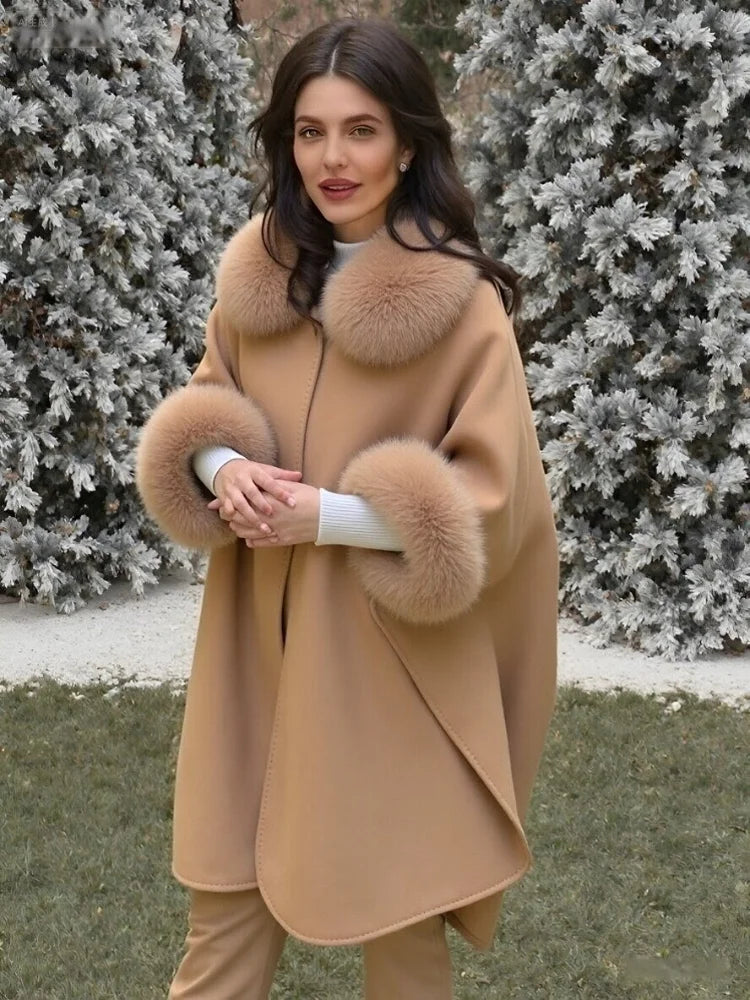Elegant Fur Patchwork Shawl Coat Women Khaki Woolen Long Sleeve Lapel Open Stitch Loose Coats 2025 Fashion Autumn Winter Outwear