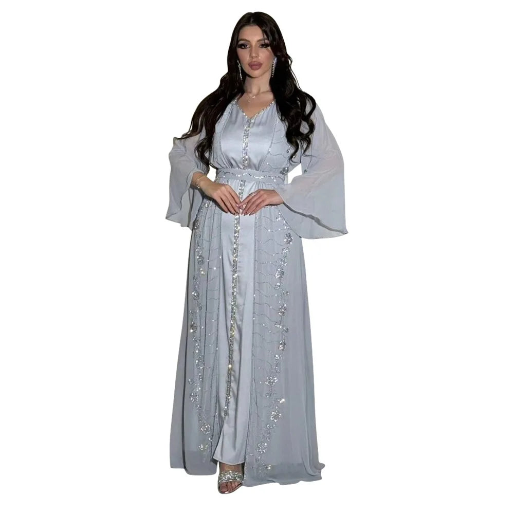 Muslim Middle East Diamonds Jalabiya Women 2 Pieces Dress Set Dubai Turkey Kaftan Abaya Marocain Robe Arabic Djellaba Eid Gown